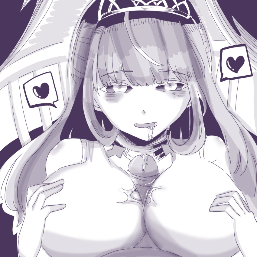 1boy 1girl black_sclera blunt_bangs blush breasts colored_sclera cum grabbing_own_breast grimms_echoes heart highres huge_breasts looking_at_viewer open_mouth paizuri paizuri_over_clothes smile solo_focus source_request spoken_heart teeth uncensored user_sjtw2272 void_cinderella_(grimms_echoes)