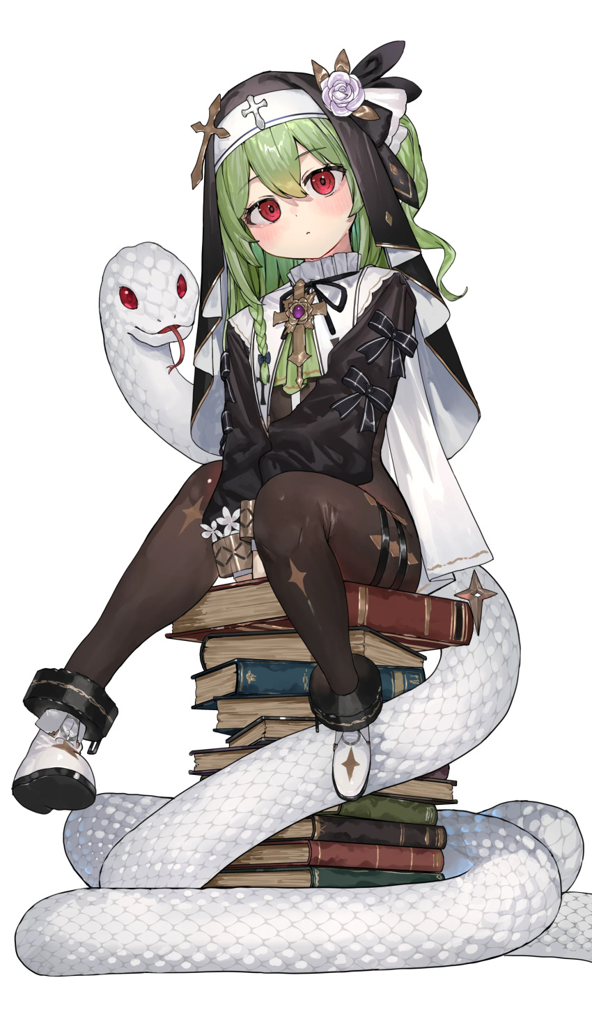 1girl absurdres artist_request between_legs black_bodystocking black_bow blush bodystocking book boots bow braid chinese_zodiac closed_mouth commission cross cuffs flower full_body green_hair hair_between_eyes hair_flower hair_ornament hand_between_legs highres huanxiang_koudai_meow long_hair long_sleeves nun original puffy_long_sleeves puffy_sleeves red_eyes second-party_source shackles simple_background sitting sitting_on_books snake solo thigh_strap veil white_background white_boots white_flower white_scales white_snake year_of_the_snake