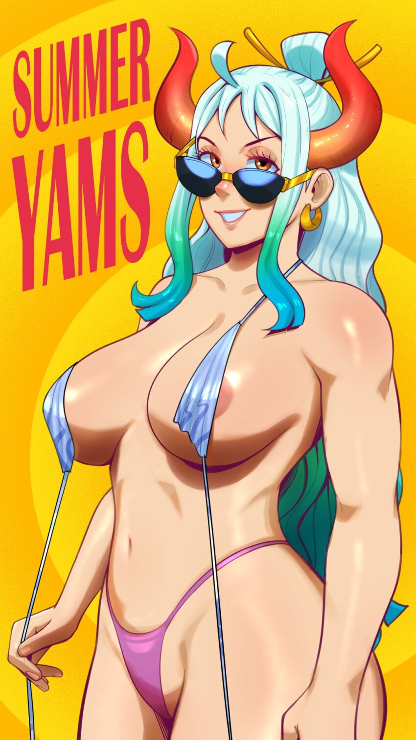1girl areola_slip bikini breasts commentary cowboy_shot curled_horns curvy dark_skin earrings english_commentary gradient_hair green_hair grin highleg highleg_bikini highres horns jewelry joylewds large_breasts long_hair mismatched_bikini multicolored_hair multicolored_horns muscular muscular_female navel one_piece orange_horns red_horns sidelocks smile solo sunglasses swimsuit thick_thighs thighs untied_bikini_top very_long_hair yamato_(one_piece)