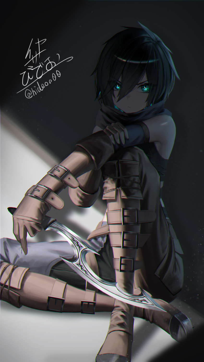 1girl absurdres aqua_eyes aqua_hair belt black_hair boots breasts chaps chromatic_aberration cleats colored_inner_hair elbow_gloves fantasy gloves grey_background highres holding holding_knife holding_weapon ikasamahideo khopesh knife leather leather_boots leather_gloves looking_at_viewer multicolored_hair original reverse_grip scarf shadow short_hair signature sitting small_breasts steel-toe_boots tsurime two-tone_hair weapon