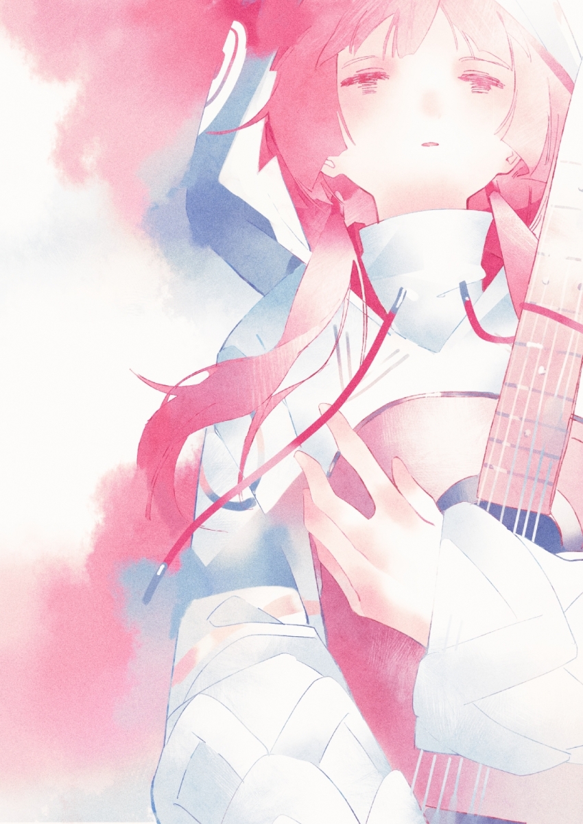 1girl acoustic_guitar chinese_commentary commentary_request expressionless fagun_yibei guitar hair_over_shoulder half-closed_eyes highres holding holding_guitar holding_instrument hood hood_up hooded_jacket hugging_object instrument jacket kaf_(kamitsubaki_studio) kamitsubaki_studio long_hair long_sleeves looking_ahead low_twintails no_sclera parted_lips pink_background pink_eyes pink_hair solo twintails two-tone_background upper_body virtual_youtuber watercolor_background white_background white_jacket