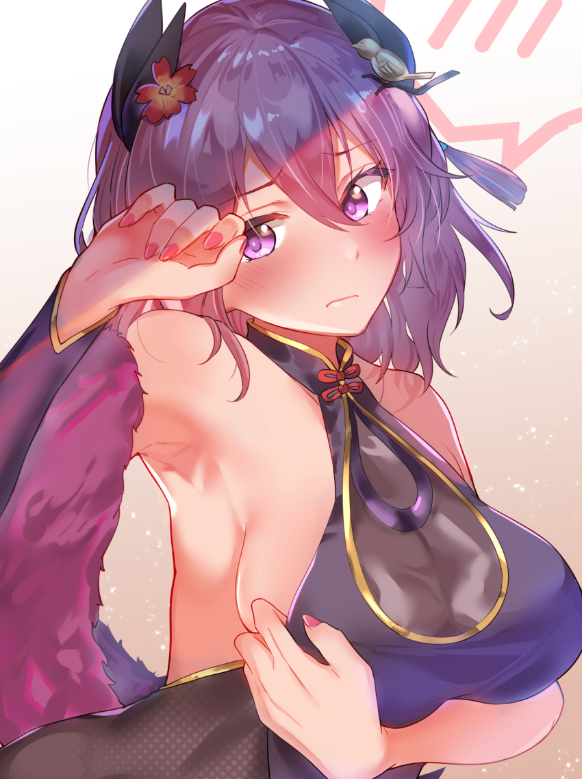 1girl arito_arayuru armpits azur_lane bare_shoulders blush breasts cleavage_cutout clothing_cutout detached_sleeves fishnets flower hair_between_eyes hair_flower hair_ornament highres horns kirishima_(azur_lane) kirishima_(graceful_ink_incense)_(azur_lane) medium_breasts medium_hair nail_polish official_alternate_costume pink_nails purple_eyes purple_hair see-through_clothes sideboob simple_background solo sweat upper_body