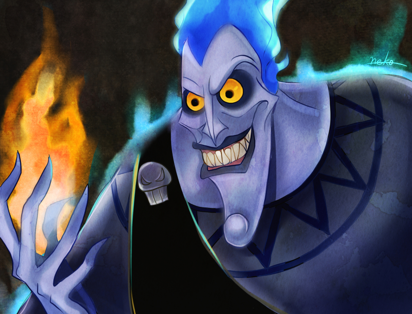 1boy ancient_greek_clothes blue_fire blue_hair colored_sclera fiery_hair fire greco-roman_clothes grin hades_(disney) hercules_(1997_film) highres looking_at_viewer male_focus nyamunekonabe sharp_teeth short_hair simple_background smile solo teeth upper_body yellow_sclera