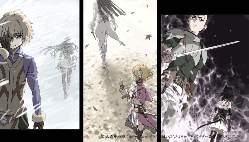 2boys 4girls absurdres anakity_autumn animal_ears armor bare_shoulders belt black_hair black_shirt blonde_hair blue_eyes brown_belt brown_gloves capelet cat_ears cat_girl cat_tail closed_mouth commentary_request copyright_notice cuirass dark-skinned_female dark_skin dungeon_ni_deai_wo_motomeru_no_wa_machigatteiru_darou_ka elf facing_away feather_hair_ornament feathers filvis_challia finn_deimne gloves haimura_kiyotaka hair_ornament hand_on_own_face highres holding holding_sheath holding_sword holding_weapon lefiya_viridis long_hair multiple_boys multiple_girls novel_illustration official_art orange_hair pants pauldrons pleated_skirt pointy_ears purple_shirt raul_nord red_capelet second-party_source sheath shirt short_hair shoulder_armor skirt sword sword_oratoria tail tione_hyryute weapon white_pants white_skirt