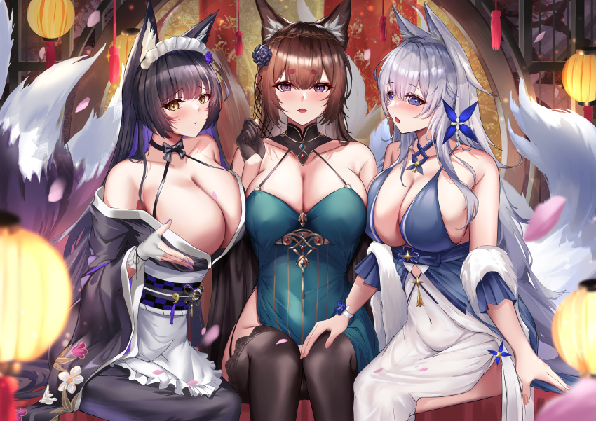 3girls absurdres amagi_(azur_lane) amagi_(cv)_(azur_lane) amagi_(cv)_(throne_of_fallen_petals)_(azur_lane) animal_ear_fluff animal_ears azur_lane bare_shoulders black_gloves black_hair black_kimono blue_dress blue_eyes breasts brown_hair cleavage covered_navel dress facial_mark flower fox_ears fox_girl fox_tail frills gloves hair_flower hair_ornament highres huge_breasts japanese_clothes kimono kirisamede_gzr kitsune large_breasts long_hair looking_at_viewer maid maid_headdress multiple_girls multiple_tails musashi_(azur_lane) musashi_(violet_moonglow)_(azur_lane) official_alternate_costume purple_eyes shinano_(azur_lane) shinano_(dreams_of_the_hazy_moon)_(azur_lane) solo tail thighs very_long_hair yellow_eyes