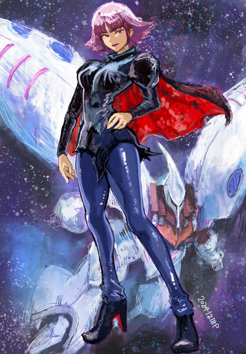 1girl boots dated full_moon gundam haman_karn high_heel_boots high_heels highres mecha medium_hair mobile_suit moon okrdisk2000 pink_eyes pink_hair qubeley red_soles robot solo zeta_gundam