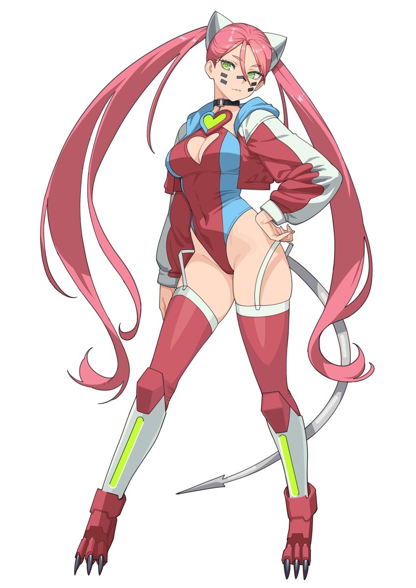 1girl animal_ears black_choker breasts choker clawed_boots claws clothing_cutout commentary commission english_commentary fake_animal_ears fake_claws hand_on_own_hip highleg highleg_leotard highres jewelry kuso_otoko leotard mechanical_tail medium_breasts original pendant pendant_choker pink_hair red_thighhighs smile solo tail tape thighhighs twintails