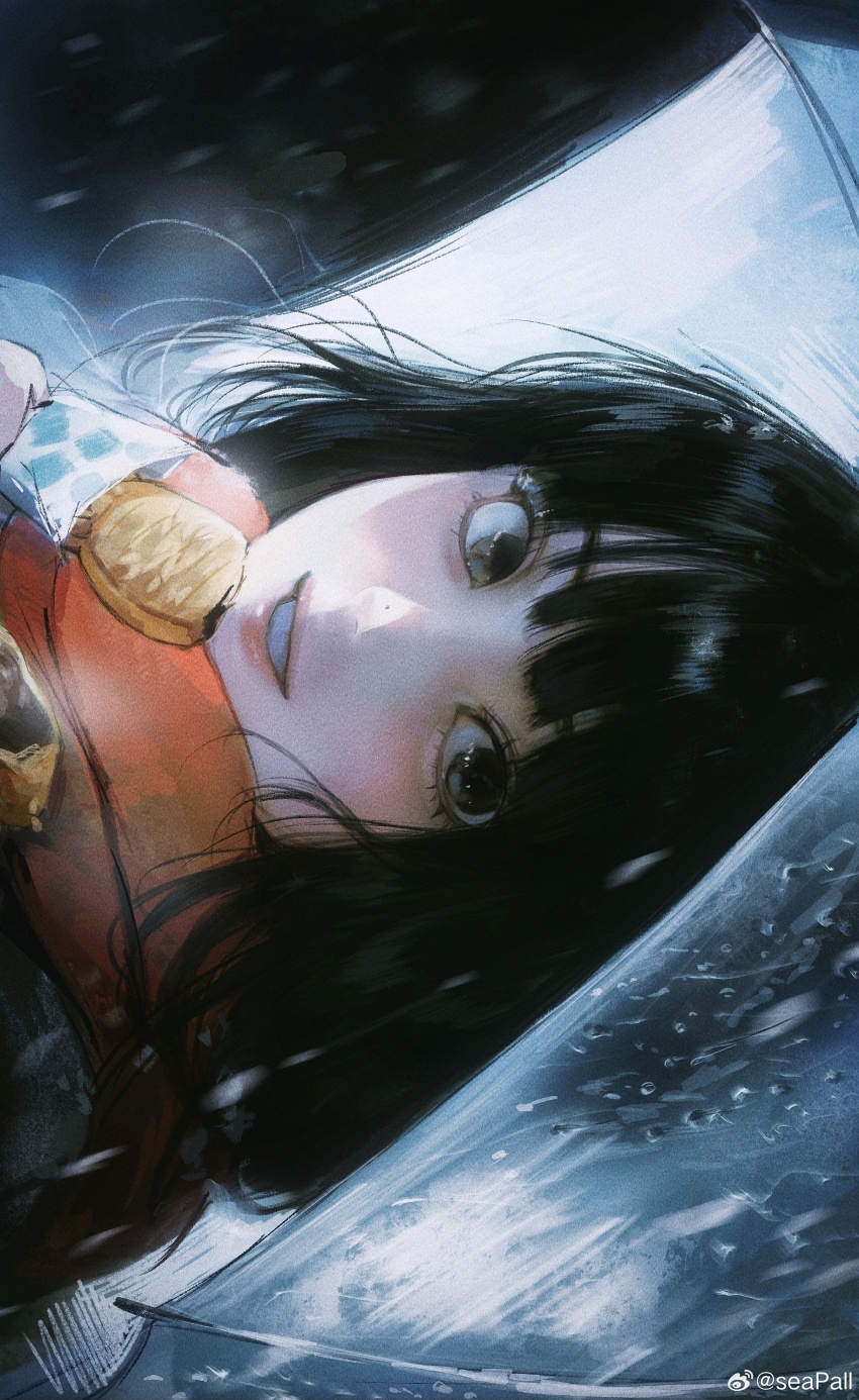 1girl absurdres artist_name black_eyes black_hair close-up food hair_between_eyes highres holding holding_food holding_umbrella long_hair looking_at_viewer original parted_lips portrait rain seapall sidelocks smile solo umbrella watermark weibo_watermark