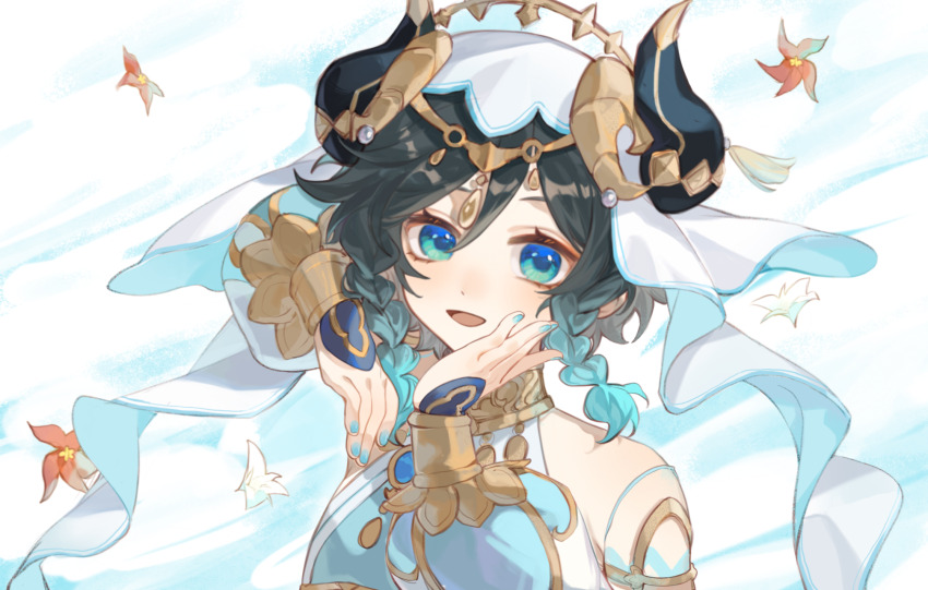 1boy aqua_eyes aqua_hair black_hair black_horns blue_trim braid chihao_hehao commentary_request cosplay detached_sleeves flower genshin_impact highres horns long_sleeves male_focus nilou_(genshin_impact) nilou_(genshin_impact)_(cosplay) open_mouth portrait red_flower shirt short_hair sleeveless sleeveless_shirt smile solo twin_braids veil venti_(genshin_impact) white_flower white_shirt white_sleeves