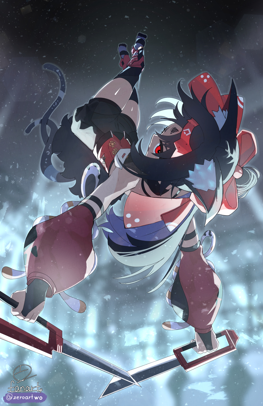 1girl absurdres animal_ear_fluff animal_ears barcode bare_shoulders black_hair black_shorts black_thighhighs bridal_gauntlets cat_ears cat_girl cat_tail dark-skinned_female dark_skin detached_sleeves dual_wielding facial_mark forehead_mark from_behind highres holding holding_sword holding_weapon looking_at_viewer multiple_tails nekomiya_mana parted_bangs ponytail puffy_detached_sleeves puffy_sleeves red_eyes short_shorts shorts solo sword tail thighhighs two_tails upside-down weapon zenless_zone_zero zeroartwo