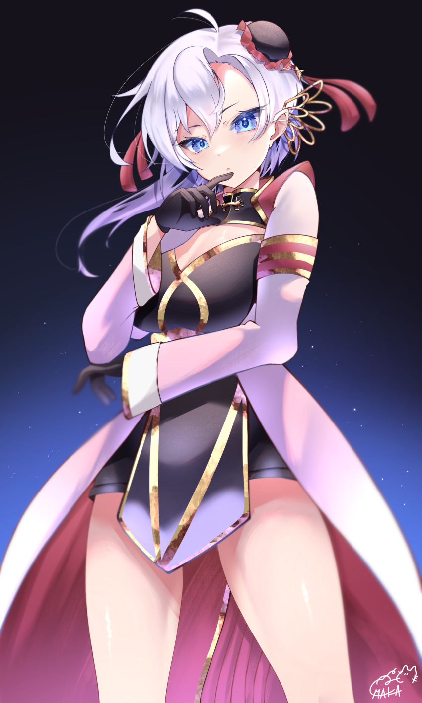 1girl absurdres ahoge black_gloves black_shorts blue_eyes bun_cover cleavage_cutout clothing_cutout commission cosplay gloves gold_trim hair_ornament hair_ribbon highres liora_walkyria long_sleeves love_live! love_live!_nijigasaki_high_school_idol_club maka_aratame night night_sky pelvic_curtain red_ribbon ribbon short_shorts shorts signature sky solo v&amp;u_entertainment virtual_youtuber white_hair wing_hair_ornament zhong_lanzhu zhong_lanzhu_(cosplay)