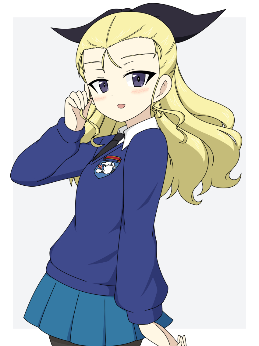1girl assam_(girls_und_panzer) black_bow black_pantyhose blonde_hair blue_skirt blue_sweater blush bow collared_shirt commentary_request emblem from_side girls_und_panzer hair_bow hand_on_own_face highres ichinose_jun light_smile long_hair looking_at_viewer miniskirt open_mouth pantyhose pleated_skirt purple_eyes shirt skirt smile st._gloriana&#039;s_(emblem) sweater wavy_hair white_shirt