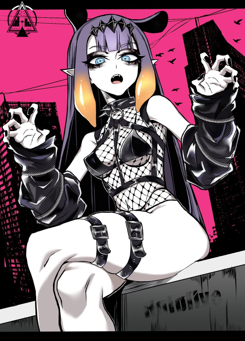 1girl belt bikini black_belt black_bikini black_nails blue_eyes breasts cityscape commentary crossed_legs detached_sleeves dizzle english_commentary fishnet_top fishnets gradient_hair highres hololive long_hair looking_at_viewer medium_breasts mole mole_under_eye multicolored_hair nail_polish ninomae_ina&#039;nis open_mouth orange_hair pink_background pointy_ears purple_hair sitting solo swimsuit tentacle_hair tentacles virtual_youtuber