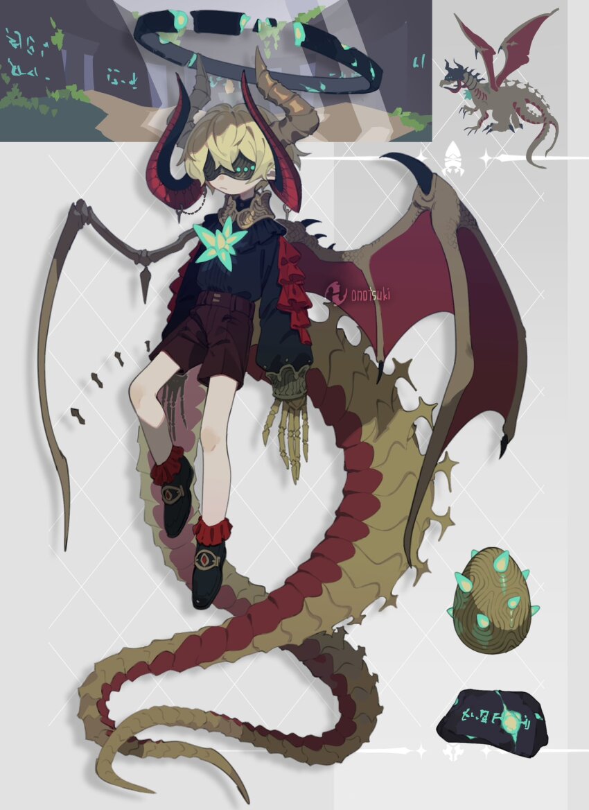 1boy argyle_background black_shirt blonde_hair dragon dragon_boy dragon_horns dragon_tail dragon_wings egg full_body grey_background highres horns long_sleeves male_focus mask multiple_horns multiple_tails onotsuki_w2 original puffy_long_sleeves puffy_sleeves shirt short_hair shorts skeletal_hand skeletal_wings solo tail western_dragon wings