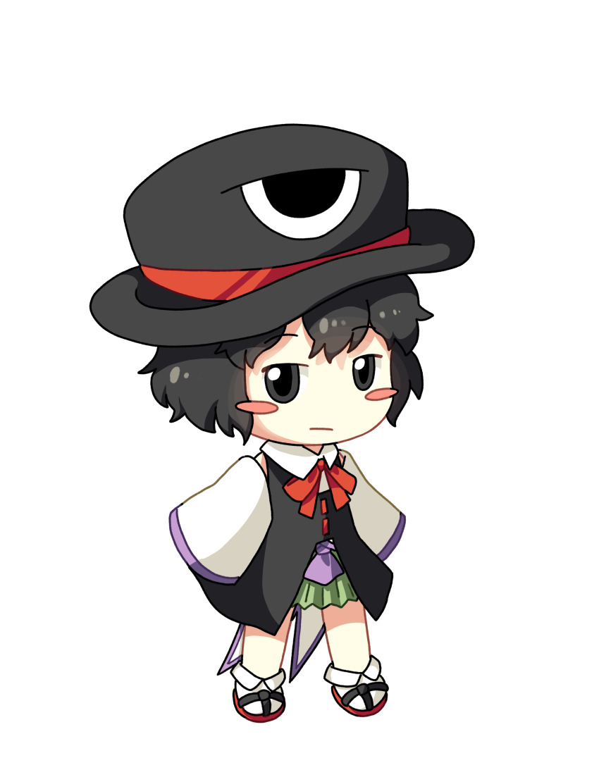 1other absurdres androgynous baila_kuangzi black_coat black_eyes black_hair black_hat blush_stickers chinese_commentary closed_mouth coat collared_shirt commentary_request detached_sleeves enraku_tsubakura green_hakama hakama hakama_short_skirt hakama_skirt hat highres japanese_clothes len&#039;en long_sleeves neck_ribbon no_nose other_focus purple_trim red_ribbon ribbon sandals shirt short_hair simple_background skirt sleeveless sleeveless_coat sleeveless_shirt sleeves_past_fingers sleeves_past_wrists socks solo white_background white_shirt white_sleeves white_socks