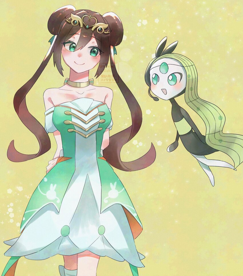 2girls absurdres bare_shoulders blush breasts brown_hair collarbone cowboy_shot double_bun dress gen_5_pokemon green_dress green_eyes green_hair hair_bun highres legendary_pokemon long_hair medium_breasts meloetta multiple_girls mythical_pokemon nintendo official_alternate_costume osenbei_0ishi pokemon pokemon_(creature) pokemon_masters_ex rosa_(champion)_(pokemon) rosa_(pokemon) simple_background sparkle watermark yellow_background