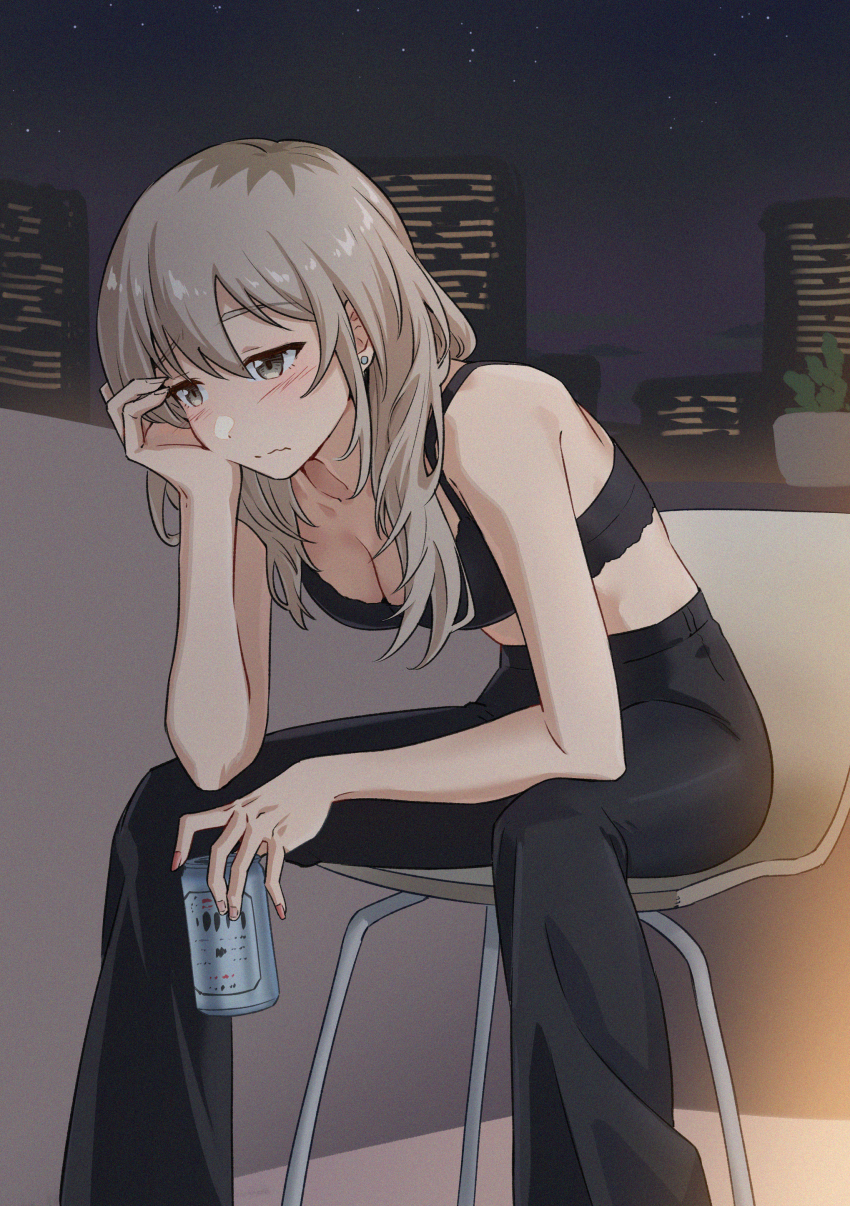 1girl absurdres animal_ears asahi_breweries beer_can black_bra black_pants blush bra breasts can chair cleavage closed_mouth commentary drink_can girls_band_cry grey_hair head_rest highres holding holding_can kawaragi_momoka long_hair multicolored_hair pants roots_(hair) sitting sky solo star_(sky) starry_sky stomach summer_left underwear