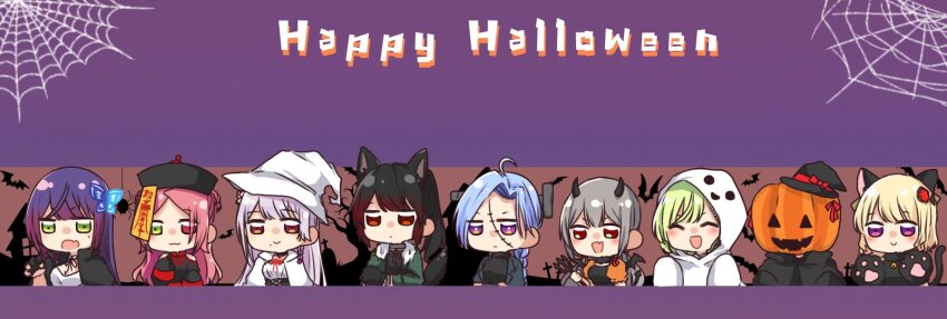 6+girls :&gt; :3 :d ^_^ ahoge animal_ears animal_hands arm_at_side arms_at_sides assault_lily bare_tree bat_(animal) bell black_cloak black_gloves black_hair black_headwear black_ribbon black_shirt blonde_hair blue_hair blush bow braid braided_bun braided_ponytail bug building butterfly_hair_ornament cat_ears cat_paws cat_tail chibi claw_pose cloak closed_eyes closed_mouth clothing_cutout commentary cosplay covered_face crossed_arms demon_horns demon_tail demon_wings double_bun expressionless fake_animal_ears fake_horns fake_tail fake_wings fang flower frankenstein&#039;s_monster frankenstein&#039;s_monster_(cosplay) fujita_asagao funada_kiito funada_ui fur-trimmed_jacket fur_trim gem gem_hair_ornament ghost_costume ghost_print gloves green_eyes green_hair green_jacket hair_bun hair_flower hair_ornament hair_ribbon half_gloves halloween halloween_costume hand_on_own_arm hand_up hands_up happy_halloween hat hat_bow heterochromia highres holding holding_pitchfork hood hood_up hoodie horns igusa_subaru imamura_yukari_(assault_lily) jack-o&#039;-lantern jacket jiangshi_costume jingle_bell kawabata_hotaru kozue_west long_hair long_sleeves looking_at_viewer low_ponytail mini_hat mole mole_under_eye mole_under_mouth multiple_girls nagasawa_yuki_(assault_lily) neck_bell neck_ribbon nigari_(ngari_0115) object_through_head ofuda open_clothes open_jacket open_mouth parted_bangs partially_fingerless_gloves paw_gloves pink_flower pitchfork ponytail print_hoodie puffy_sleeves pumpkin_mask purple_background purple_eyes purple_hair qingdai_guanmao red_bow red_eyes red_gemstone red_hair red_ribbon ribbon screw_in_head shiba_tomoshibi shirt short_hair shoulder_cutout siblings side_braid silhouette silk single_braid sisters skin_fang sleeves_past_fingers sleeves_past_wrists smile spider spider_web stitched_face stitches symbol-only_commentary tail tilted_headwear tombstone tree upper_body v-shaped_eyebrows vampire_costume white_cloak white_headwear white_hoodie wings witch_hat