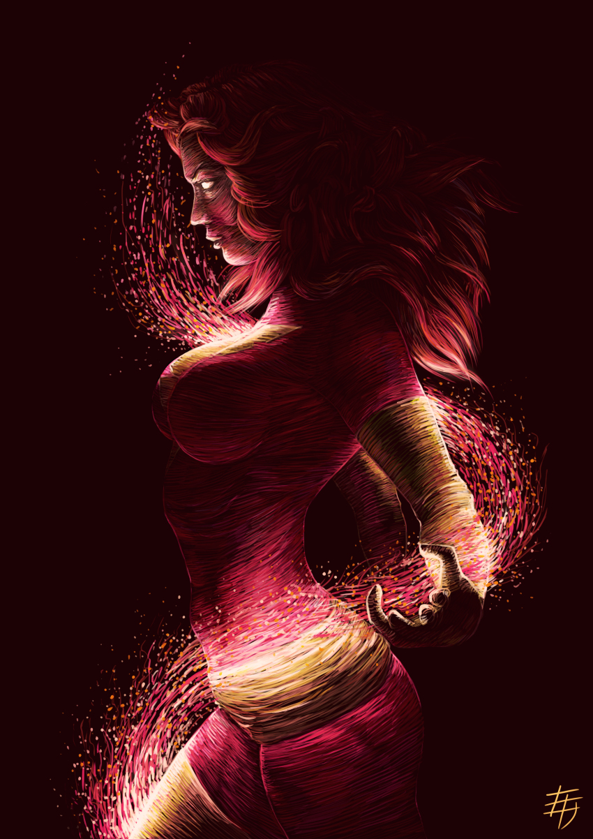 10s 1girl absurdres bodysuit breasts danel_yessaliyeva dark dark_persona dark_phoenix female_focus from_side highres impossible_bodysuit impossible_clothes jean_grey large_breasts long_hair marvel phoenix_(x-men) red_hair signature solo x-men