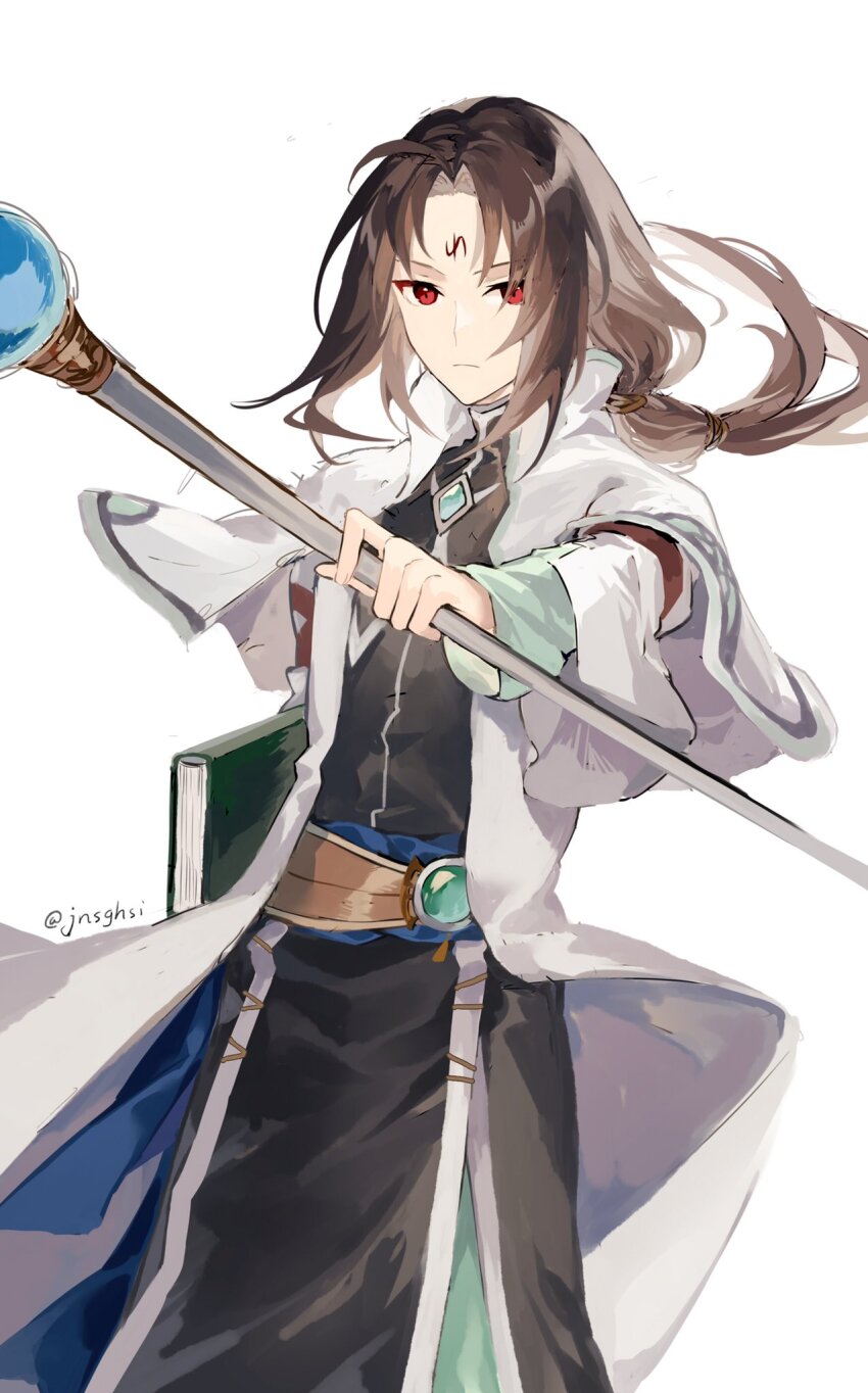 1boy black_hair book collar facial_mark fire_emblem fire_emblem:_path_of_radiance fire_emblem:_radiant_dawn fire_emblem_heroes forehead_mark gem green_brooch green_collar green_gemstone highres holding holding_book holding_staff jnsghsi long_hair male_focus nintendo red_eyes sash soren_(fire_emblem) soren_(radiant_confidant)_(fire_emblem) staff waist_sash
