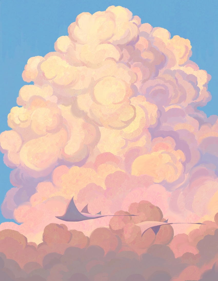 absurdres animal blue_sky cloud cloudy_sky commentary english_commentary fangpeii flying_animal highres manta_ray no_humans orange_clouds original scenery sky
