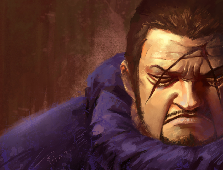 1boy beard black_hair blind closed_eyes closed_mouth commentary_request facial_hair fujitora_(one_piece) highres ljjshmhday male_focus mustache one_piece scar scar_across_eye scar_on_face short_hair solo