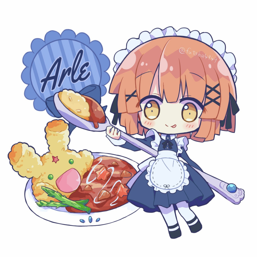 1girl :d apron arle_nadja black_dress black_shoes blush bow brown_eyes brown_hair carbuncle_(puyopuyo) chibi commentary_request curry curry_rice dress food frilled_apron frills full_body futaba969649 hair_between_eyes hair_ornament hairclip highres holding holding_plate holding_spoon holding_tray long_sleeves looking_at_viewer maid maid_apron maid_cafe maid_headdress open_mouth original plate puffy_short_sleeves puffy_sleeves puyopuyo ribbon rice shirt shoes short_hair short_sleeves simple_background smile solo spoon standing thighhighs tongue tongue_out tray waist_apron white_apron white_background white_thighhighs yellow_eyes