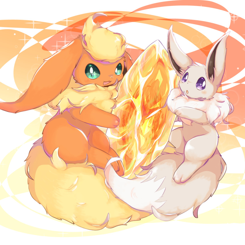 alternate_color blonde_hair blush eevee evolution_stone evolutionary_line evolutionary_stone fire_stone flareon game_freak gen_1_pokemon komunyan nintendo open_mouth pokemon pokemon_(creature) shiny_pokemon smile