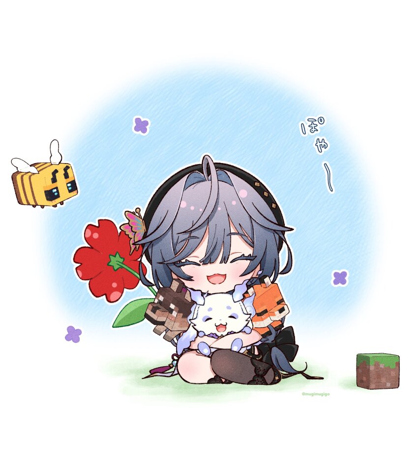 1girl 1other :d ^_^ ahoge artist_name bee bee_(minecraft) beret black_bow black_hat black_shoes block_(minecraft) block_(object) blush bow bug chibi closed_eyes commentary_request dog eyelashes flower fox fox_(minecraft) grey_hair hair_between_eyes hair_bow hair_intakes happy hat highres hug insect kisara_(nijisanji) long_hair low-tied_long_hair lunlun_(nijisanji) minecraft mugimugigo nijisanji open_mouth red_flower shoes single_leg_pantyhose sitting smile tassel twitter_username virtual_youtuber wolf_(minecraft)