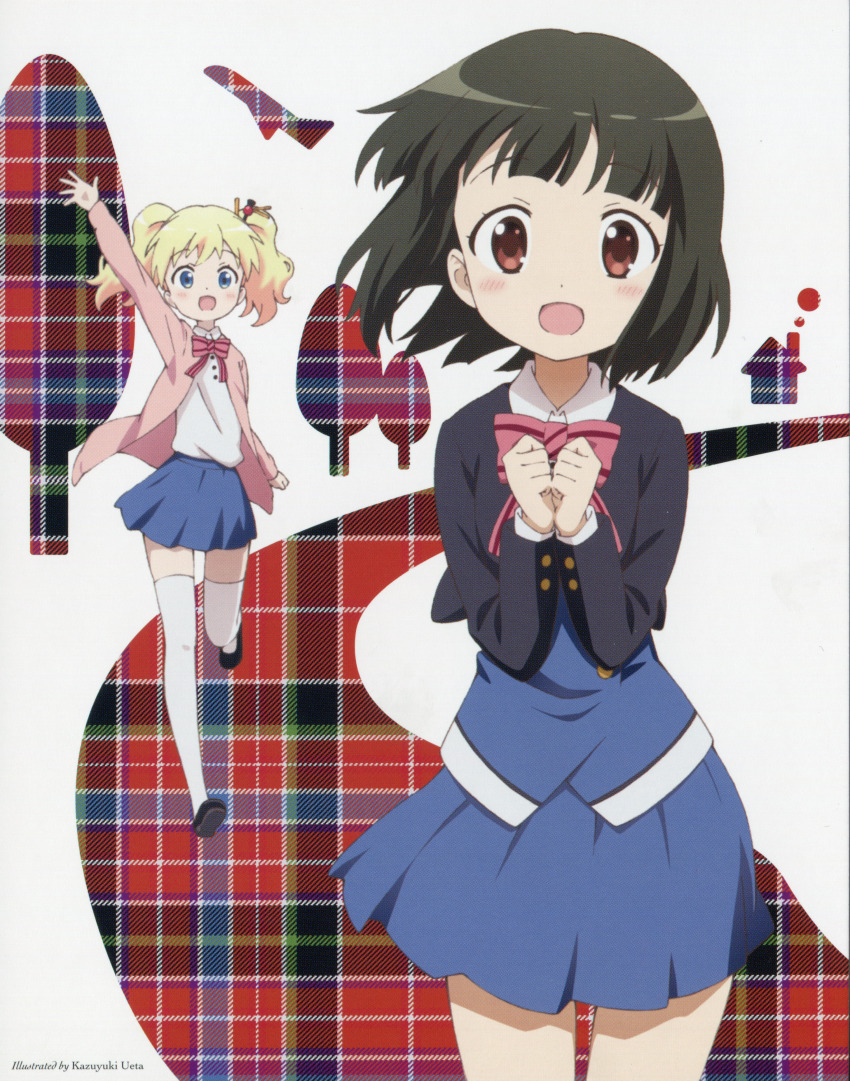 2girls :d absurdres alice_cartelet arm_up artist_name black_hair black_jacket black_shoes blonde_hair blue_eyes blue_skirt bow bowtie brown_eyes cardigan collared_shirt highres jacket kin-iro_mosaic long_sleeves looking_at_viewer miniskirt moegi_high_school_uniform multiple_girls non-web_source official_art oomiya_shinobu open_cardigan open_clothes open_mouth pink_bow pink_bowtie pink_cardigan running scan school_uniform shirt shoes short_hair skirt smile standing striped_bow striped_bowtie striped_clothes thighhighs twintails ueta_kazuyuki white_shirt white_thighhighs winter_uniform
