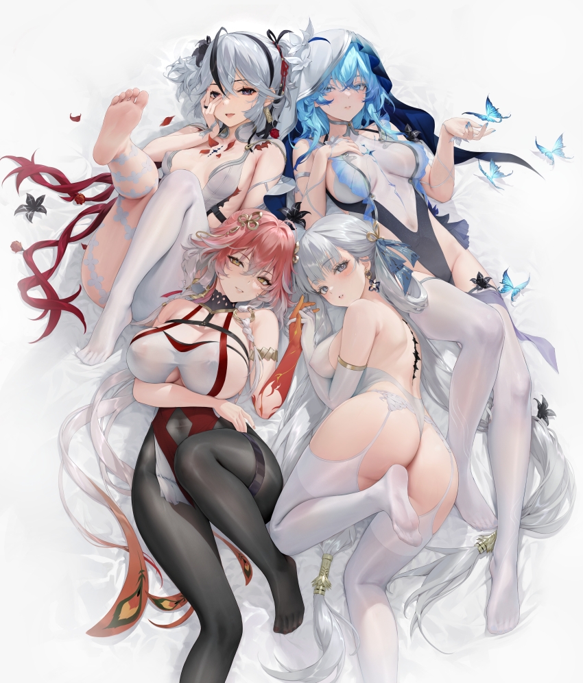 4girls absurdres ahoge alternate_costume arm_under_breasts ass asymmetrical_clothes bare_shoulders black_eyes black_flower black_pantyhose black_ribbon blake_bloom_(wuthering_waves) blue_butterfly blue_eyes blue_hair blue_nails blue_veil blush bow braid breasts bug butterfly camellya_(wuthering_waves) changli_(wuthering_waves) collar colored_extremities colored_eyelashes commentary_request covered_navel earrings elbow_gloves feather_hair feet flower flower_on_chest foot_up garter_belt gloves gold_earrings groin hair_between_eyes hair_extensions hair_flower hair_intakes hair_ornament hair_ribbon hair_spread_out hair_vines haku89 hand_grab hand_on_own_chest hand_on_own_face highres huge_breasts insect jewelry jinhsi_(wuthering_waves) large_breasts leotard long_hair looking_at_viewer lying md5_mismatch medium_breasts multicolored_hair multiple_girls nail_polish no_shoes on_back paid_reward_available pants pantyhose parted_lips pink_hair red_hands red_ribbon resolution_mismatch ribbon ring_hair_extensions shorekeeper_(wuthering_waves) single_pantsleg smile soles source_smaller tacet_mark_(wuthering_waves) thighhighs thighs toes twin_braids two-tone_hair two-tone_veil two_side_up veil very_long_hair white_bow white_collar white_eyelashes white_eyes white_garter_belt white_gloves white_hair white_pants white_thighhighs white_veil wuthering_waves yellow_eyes