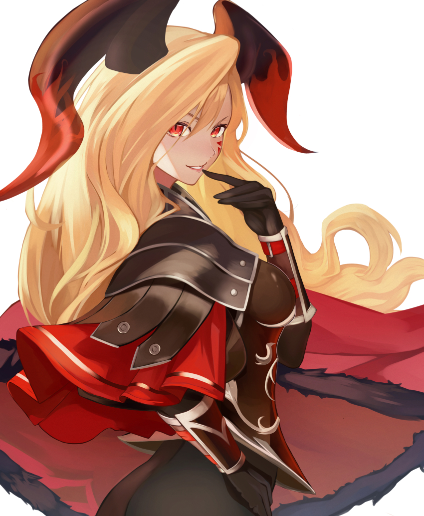 1girl absurdres armor blonde_hair cape dragon_horns facial_mark fate/grand_order fate_(series) finger_to_mouth fur_trim genshu_doki highres horns long_hair looking_at_viewer looking_to_the_side nero_claudius_(fate) pteruges queen_draco_(fate) red_eyes slit_pupils smile solo vambraces white_background wind