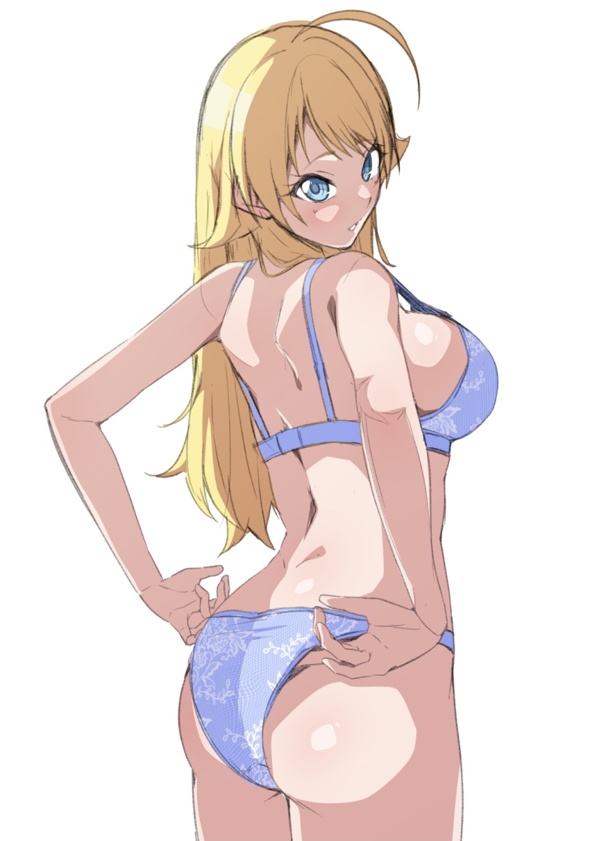 1girl adjusting_clothes adjusting_panties ahoge ass blonde_hair blue_bra blue_eyes blue_panties bra breasts commentary hachimiya_meguru hair_flaps highres idolmaster idolmaster_shiny_colors large_breasts long_hair looking_at_viewer looking_back monya_monya_(tmsc7752) panties simple_background sketch solo underwear underwear_only very_long_hair wedgie white_background