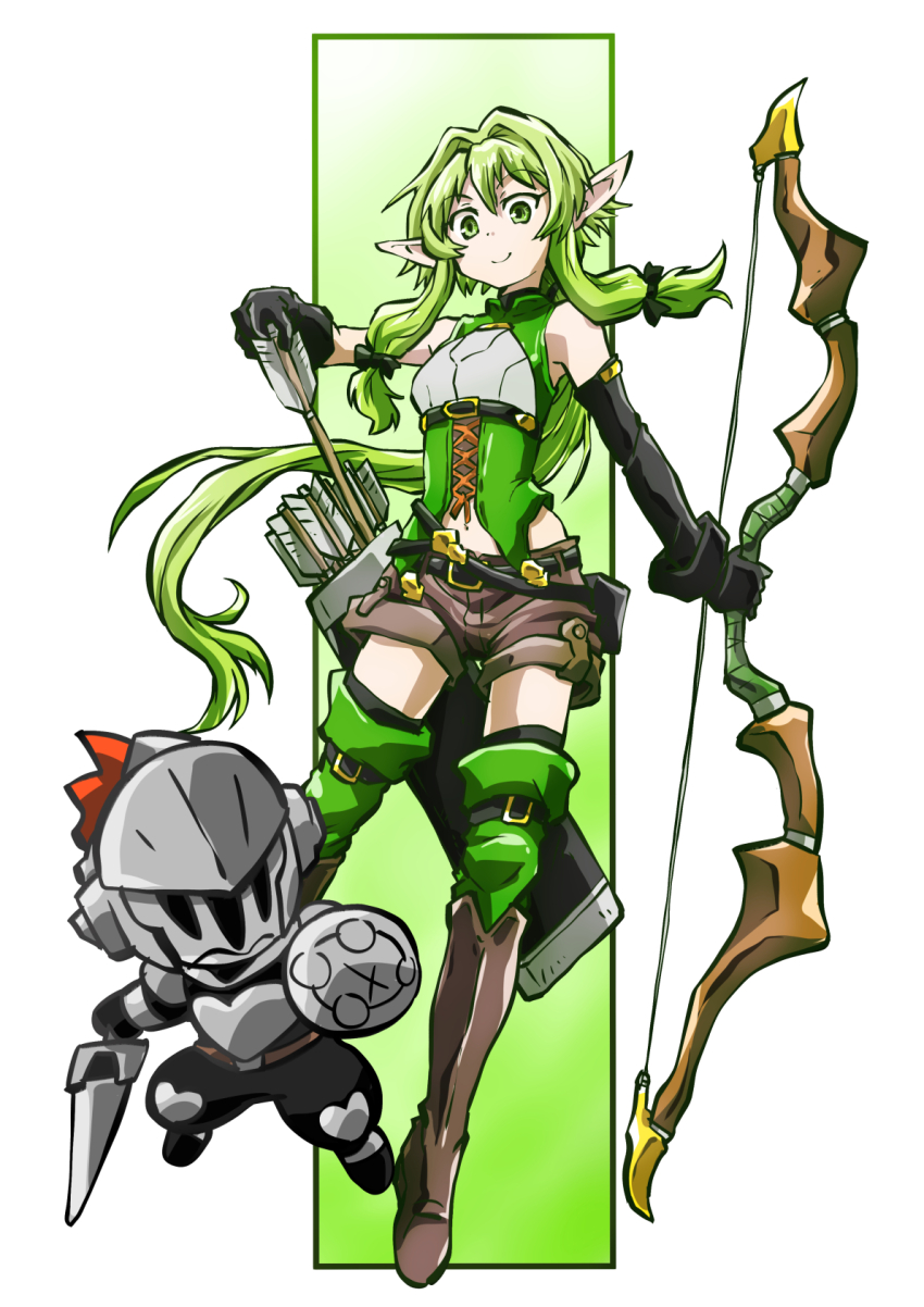 1girl arrow_(projectile) asymmetrical_gloves black_gloves black_pants boots bow_(weapon) breasts brown_shorts chibi corset elbow_gloves elf gloves goblin_slayer goblin_slayer! green_corset green_eyes grey_helmet helmet high_elf_archer_(goblin_slayer!) highres holding holding_arrow holding_bow_(weapon) holding_shield holding_sword holding_weapon long_hair midriff_peek mismatched_gloves navel pants pointy_ears quiver shield short_shorts shorts small_breasts smile sword taiga_hiroyuki thigh_boots thighhighs thighs two-tone_background visor_(armor) weapon zettai_ryouiki