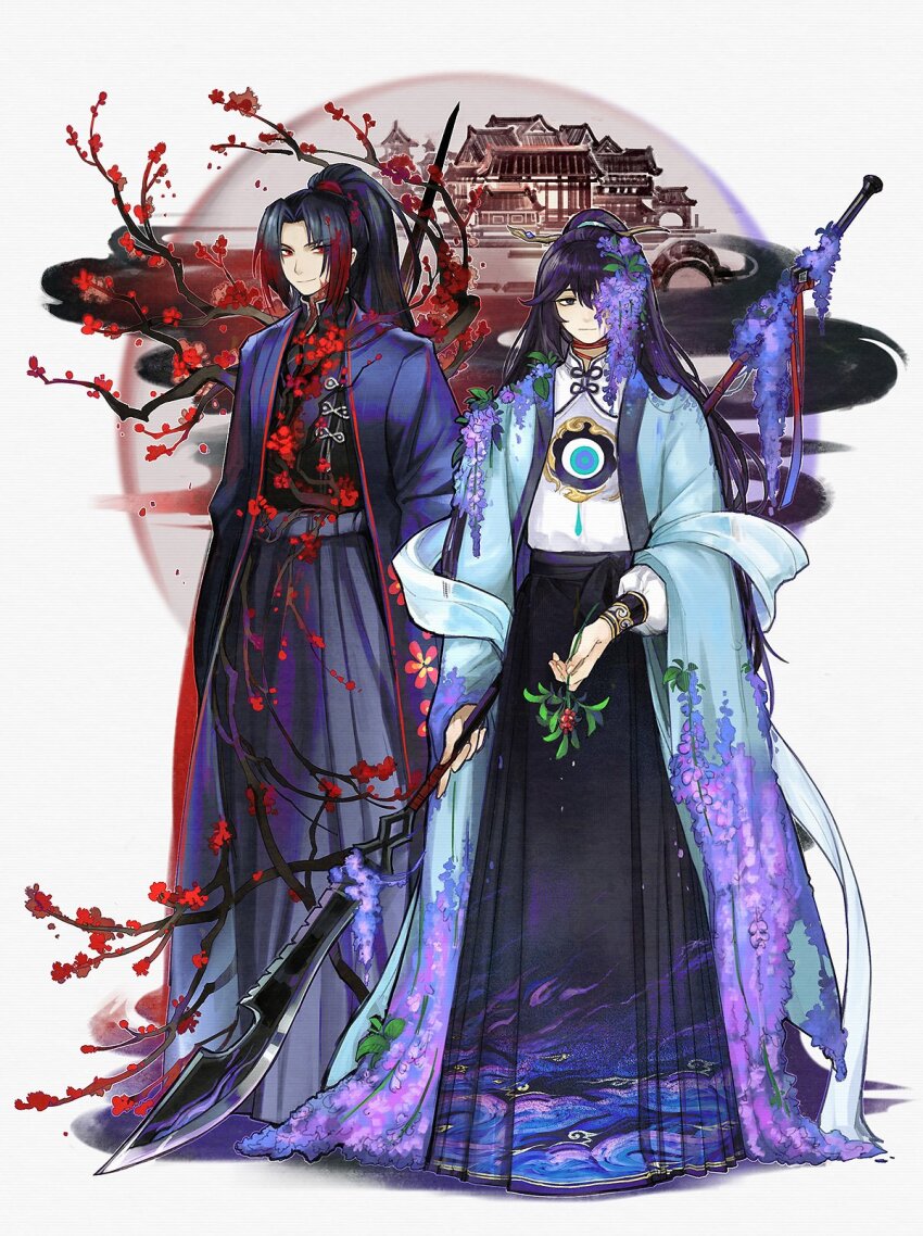 2boys alternate_costume black_eyes black_hair black_shirt black_skirt blood brothers building chinese_clothes commentary english_commentary flaw_eight flower full_body guan_dao highres holding holding_plant holding_polearm holding_weapon hong_lu_(project_moon) jia_huan_(project_moon) lavender_(flower) limbus_company long_hair looking_at_viewer male_focus multiple_boys one_eye_covered plant polearm ponytail project_moon purple_flower purple_hair red_eyes red_flower shirt siblings skirt smile standing weapon wuxia