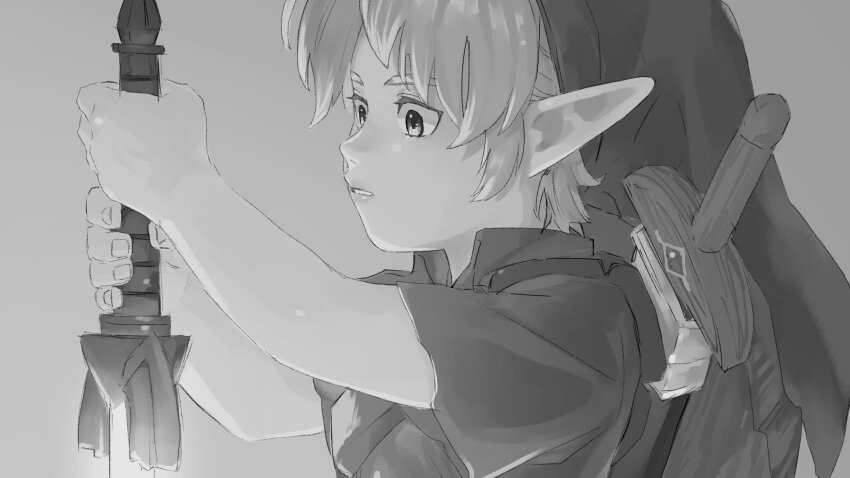 1boy deku_shield greyscale hat highres holding holding_weapon kokiri_sword link male_focus master_sword monochrome nintendo pointy_ears shield shield_on_back shrub_mtg solo sword the_legend_of_zelda the_legend_of_zelda:_ocarina_of_time tunic upper_body weapon young_link