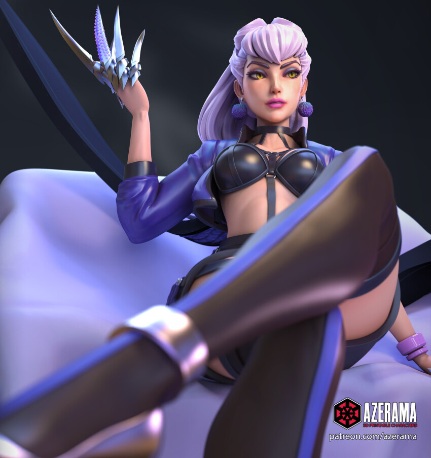 1girl arm_at_side artist_name azerama between_breasts black_background black_bra black_choker black_garter_straps black_skirt black_thighhighs blue_jacket blurry blurry_foreground bra bracelet breasts chair choker claw_(weapon) claws cone_hair_bun cowboy_shot cropped_jacket cross-laced_clothes cross-laced_skirt crossed_legs demon_girl earrings evelynn_(league_of_legends) expressionless eyeshadow foot_out_of_frame foreshortening from_below garter_straps gem hair_bun hand_on_own_face hand_rest hand_up high-waist_skirt high_heels highres jacket jewelry k/da_(league_of_legends) k/da_all_out_evelynn lashers league_of_legends leather leather_skirt long_hair looking_ahead makeup mature_female medium_breasts multicolored_jacket nose o-ring o-ring_top on_chair open_clothes open_hand open_jacket pale_skin parted_lips patreon_username pencil_skirt pink_lips pointed_bangs pom_pom_(clothes) pom_pom_earrings purple_claws purple_eyeshadow purple_gemstone purple_jacket silver_claws simple_background sitting skirt slit_pupils solo strap_between_breasts teeth thighhighs three-quarter_sleeves triangle two-tone_jacket underwear v-bangs v-shaped_eyebrows weapon white_hair yellow_eyes