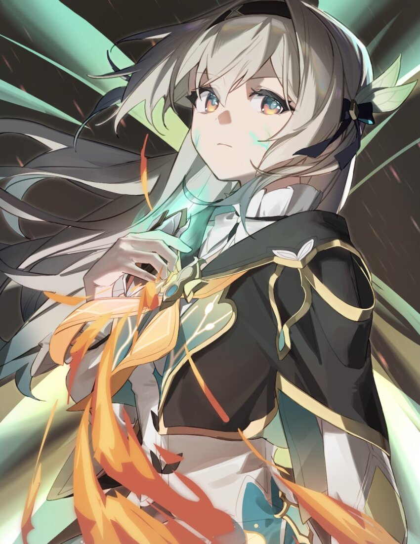 1girl aqua_dress black_hairband collar collared_dress cropped_jacket dress fire firefly_(honkai:_star_rail) glowing_cracks green_pupils hair_between_eyes hair_ornament hair_ribbon hairband hand_on_own_chest highres honkai:_star_rail honkai_(series) long_hair long_sleeves multicolored_eyes multicolored_hair neckerchief orange_neckerchief ribbon serious soikaiso two-tone_eyes white_collar