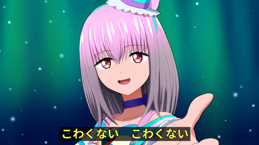 1girl :d aqua_hairband aqua_hat arm_warmers bare_shoulders blue_background blue_bow blue_choker bow brooch chest_bow choker collarbone commentary cosplay cure_lillian cure_lillian_(cosplay) dress frilled_arm_warmers frilled_dress frills gradient_background green_background gridman_universe hair_between_eyes hairband hand_on_own_chest hat heart heart_brooch highres jewelry light_particles looking_at_viewer magical_girl medium_hair mini_hat mini_top_hat off-shoulder_dress off_shoulder open_hand open_mouth outstretched_hand pink_eyes pink_hair ponzu_(anagosan02) precure reaching reaching_towards_viewer shinjou_akane smile solo ssss.gridman straight_hair striped_bow subtitled tilted_headwear top_hat translated ueda_reina upper_body voice_actor_connection white_arm_warmers white_dress wonderful_precure!