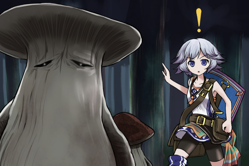 ! 10s 1girl belt bike_shorts casual crossover dark_souls_(series) dark_souls_i farrah_(granblue_fantasy) female_focus forest granblue_fantasy mushroom_child mushroom_parent nature purple_eyes shield short_hair silver_hair skirt solo tree ugatsu_matsuki