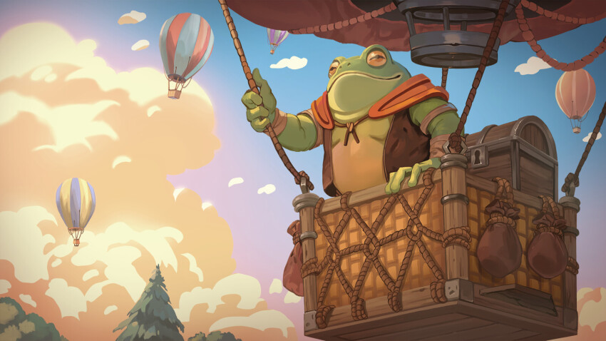 1boy aircraft armband blue_sky brown_bag brown_vest cape celestra closed_mouth cloud colored_skin commentary cumulonimbus_cloud english_commentary fir_tree flying frog_boy from_below green_skin high_up highres holding holding_rope hot_air_balloon light_smile looking_to_the_side open_clothes open_vest orange_cape original outdoors rope sky slit_pupils standing treasure_chest tree vest wrist_wrap yellow_clouds yellow_eyes