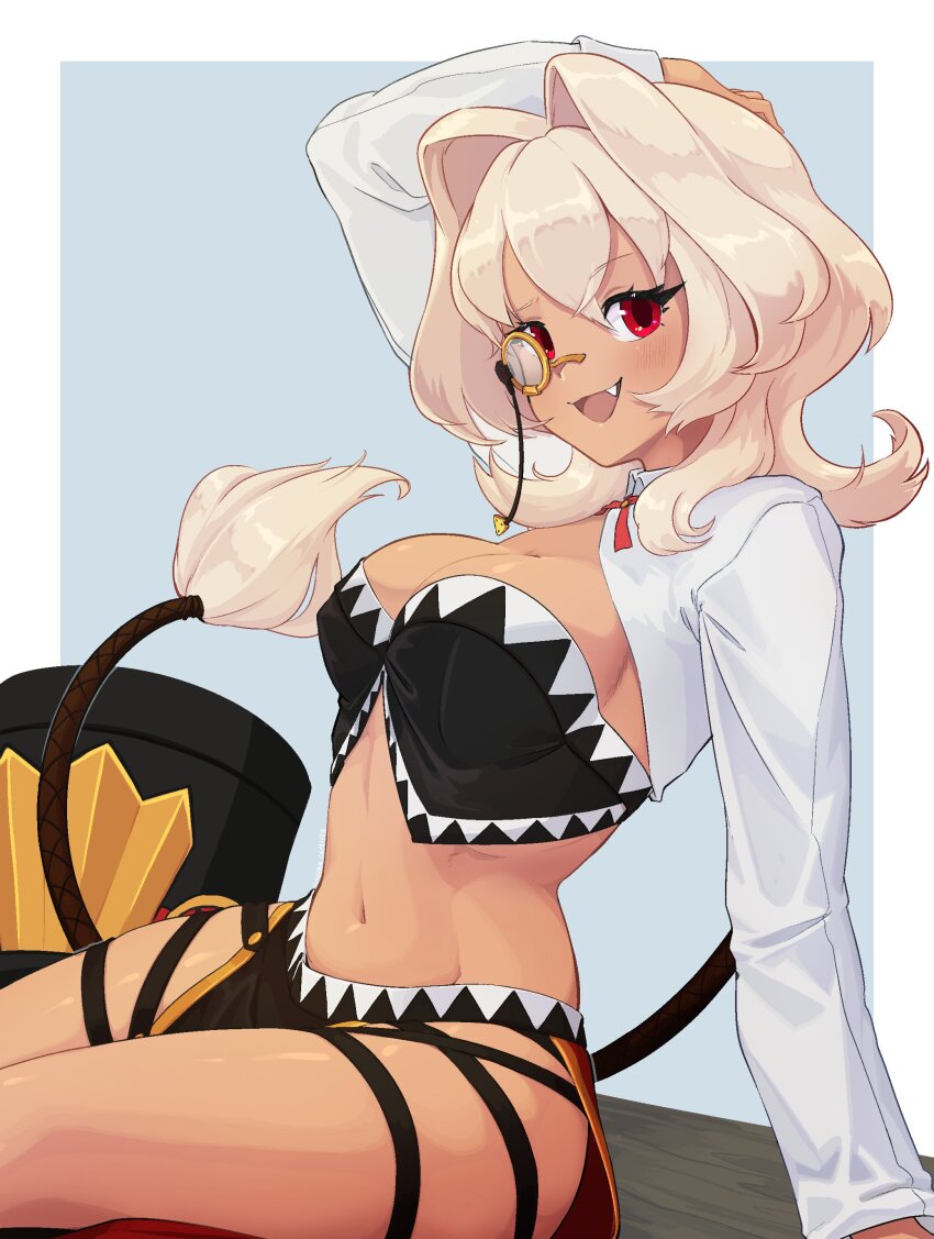 1girl :d absurdres arm_behind_head black_bustier breasts cleavage commission cosmic_break cowboy_shot fang flareleon hair_between_eyes hat unworn_hat unworn_headwear highres long_sleeves looking_at_viewer medium_breasts midriff monocle navel open_mouth red_eyes shrug_(clothing) sitting smile solo stomach strapless suweeka white_shrug