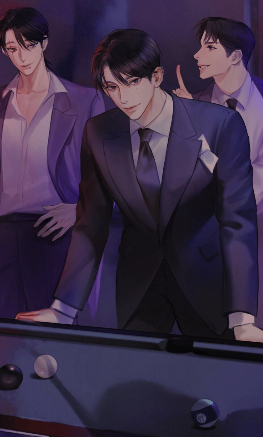 1other 3boys ball belt billiard_ball billiards black_belt black_eyes black_hair black_necktie black_pantyhose blue_eyes closed_mouth collar cowboy_shot ear_piercing earrings grey_jacket grey_necktie grey_pants hair_between_eyes hand_on_own_hip hands_on_table heterochromia highres index_finger_raised indoors jacket jewelry looking_at_another looking_at_viewer looking_to_the_side male_focus mole mole_under_eye mouth_piercing multiple_boys necktie original pants pantyhose parted_lips piercing pool_table red_eyes scar scar_across_eye scar_across_eyebrow scar_on_face shadow shirt short_hair silhouette smile table teeth thick_lips toscana20460423 white_shirt