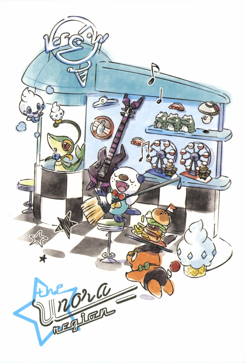 absurdres bow broom burger cheese closed_eyes clothed_pokemon eighth_note electric_guitar english_text fangs ferris_wheel floating food foongus french_fries game_freak gen_5_pokemon green_bow guitar highres hiker_(pokemon) holding holding_broom holding_food holding_ice_cream holding_ice_cream_cone ice_cream ice_cream_cone instrument lettuce miniature mizutani_megumi musical_note nintendo no_humans official_art on_stool open_mouth oshawott plant pokemon pokemon_(creature) pokemon_bw pokemon_focus quarter_note red_bow simple_background smile snivy star_(symbol) starter_pokemon_trio stool stuffed_toy substitute_(pokemon) tepig third-party_source tomato tray vanillite vines white_background