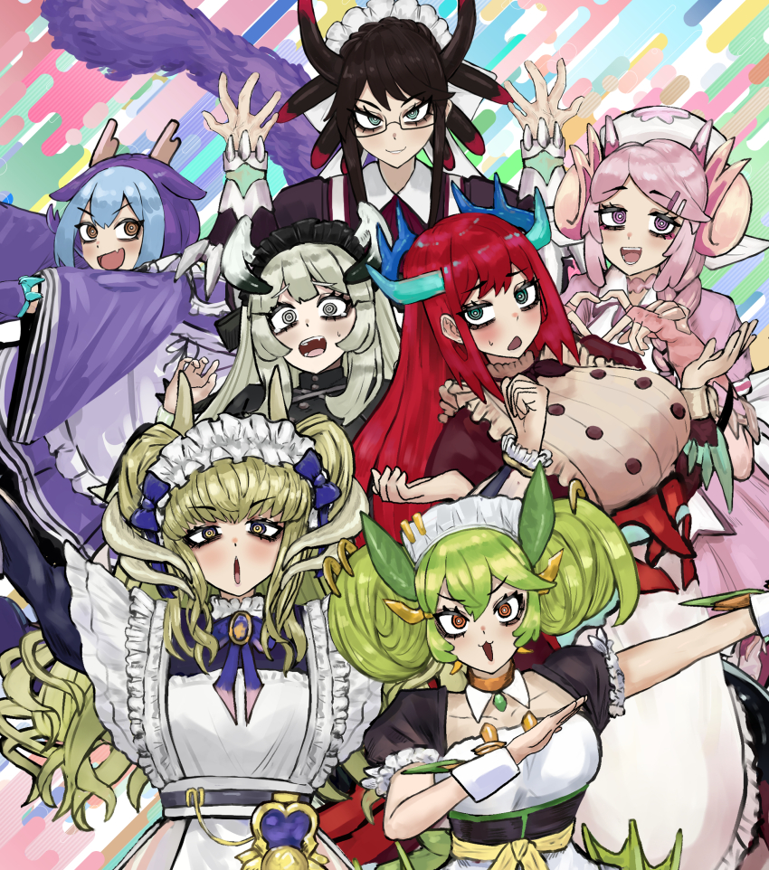 adeshi_(adeshi0693119) apron black_hair blue_hair blush breasts chamber_dragonmaid detached_collar dragon_girl dragon_horns dragon_tail dress duel_monster eastern_dragon_horns green_hair grey_hair hair_between_eyes hat highres horns house_dragonmaid japanese_clothes kimono kitchen_dragonmaid lace-trimmed_apron lace_trim lady&#039;s_dragonmaid large_breasts laundry_dragonmaid long_hair long_sleeves looking_at_viewer maid maid_apron maid_headdress mixed_maids multiple_girls nurse_cap nurse_dragonmaid open_mouth parlor_dragonmaid pink_eyes pink_hair red_hair sidelocks smile tail twintails wa_maid yellow_eyes yu-gi-oh!