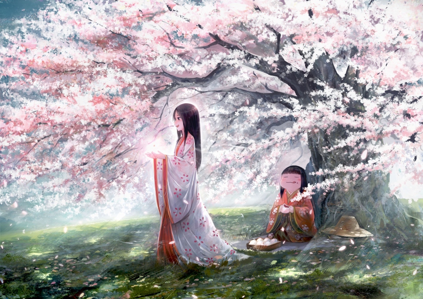 10s 2girls :3 :d :q black_hair blush cherry_blossoms eating food grass hat japanese_clothes kaguya-hime_no_monogatari kaguya_hime kimono layered_clothes layered_kimono light_rays long_hair me_no_warawa mochi mole multiple_girls open_mouth profile shirakaba sitting smile spring_(season) straw_hat sunlight tongue tongue_out tree wagashi wide_sleeves