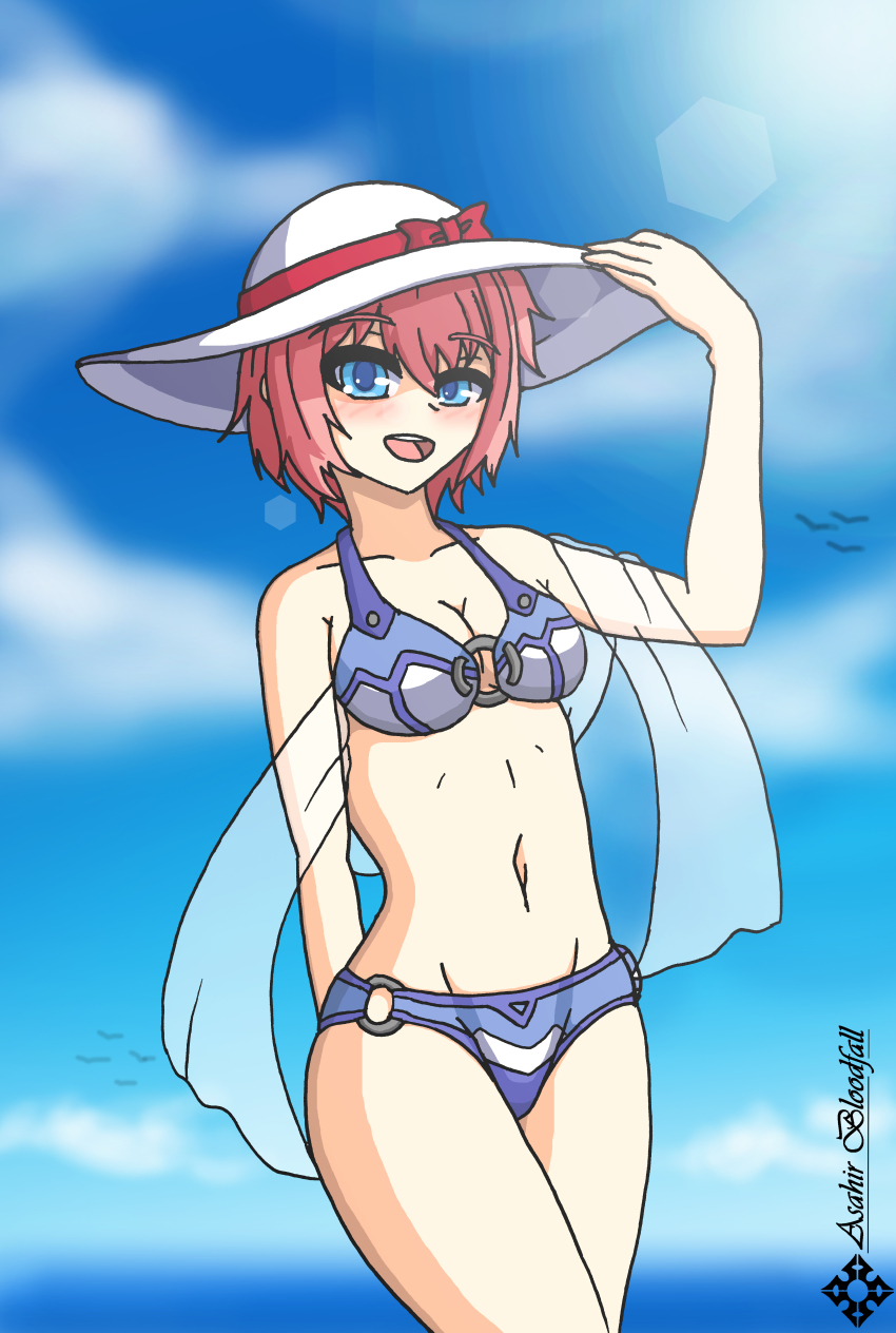 1girl absurdres asahir beach bikini blue_eyes doki_doki_literature_club highres pink_hair sayori_(doki_doki_literature_club) self-upload swimsuit tagme