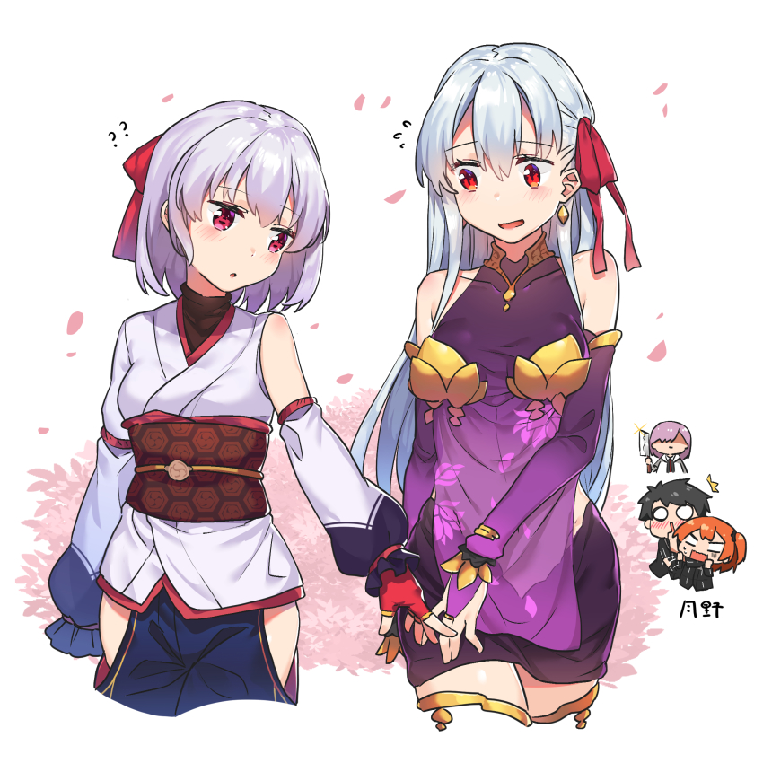 1boy 4girls ? ?? armlet armor bare_shoulders bikini_armor black_hair black_jacket black_ribbon blue_hakama blush bracelet breasts bridal_gauntlets chibi cleaver collar collarbone commentary_request cosplay costume_switch detached_sleeves dress earrings fate/grand_order fate_(series) fingerless_gloves floral_print fujimaru_ritsuka_(female) fujimaru_ritsuka_(female)_(polar_chaldea_uniform) fujimaru_ritsuka_(male) fujimaru_ritsuka_(male)_(polar_chaldea_uniform) gloves hair_between_eyes hair_ribbon hakama hakama_pants hakama_skirt highres holding holding_knife jacket japanese_clothes jewelry kama_(fate) kama_(fate)_(cosplay) kama_(first_ascension)_(fate) kimono knife light_purple_hair long_hair looking_at_viewer mash_kyrielight medium_breasts metal_collar miniskirt multiple_girls obi open_mouth orange_hair pants parted_lips pelvic_curtain petals pink_ribbon polar_chaldea_uniform purple_dress purple_legwear purple_skirt purple_sleeves red_eyes red_ribbon ribbon ring sash short_hair short_kimono side_slit simple_background skirt small_breasts spiked_hair thighhighs thighlet thighs tomoe_gozen_(fate) tomoe_gozen_(fate)_(cosplay) tsukino_(nakajimaseiki) white_background white_hair white_kimono
