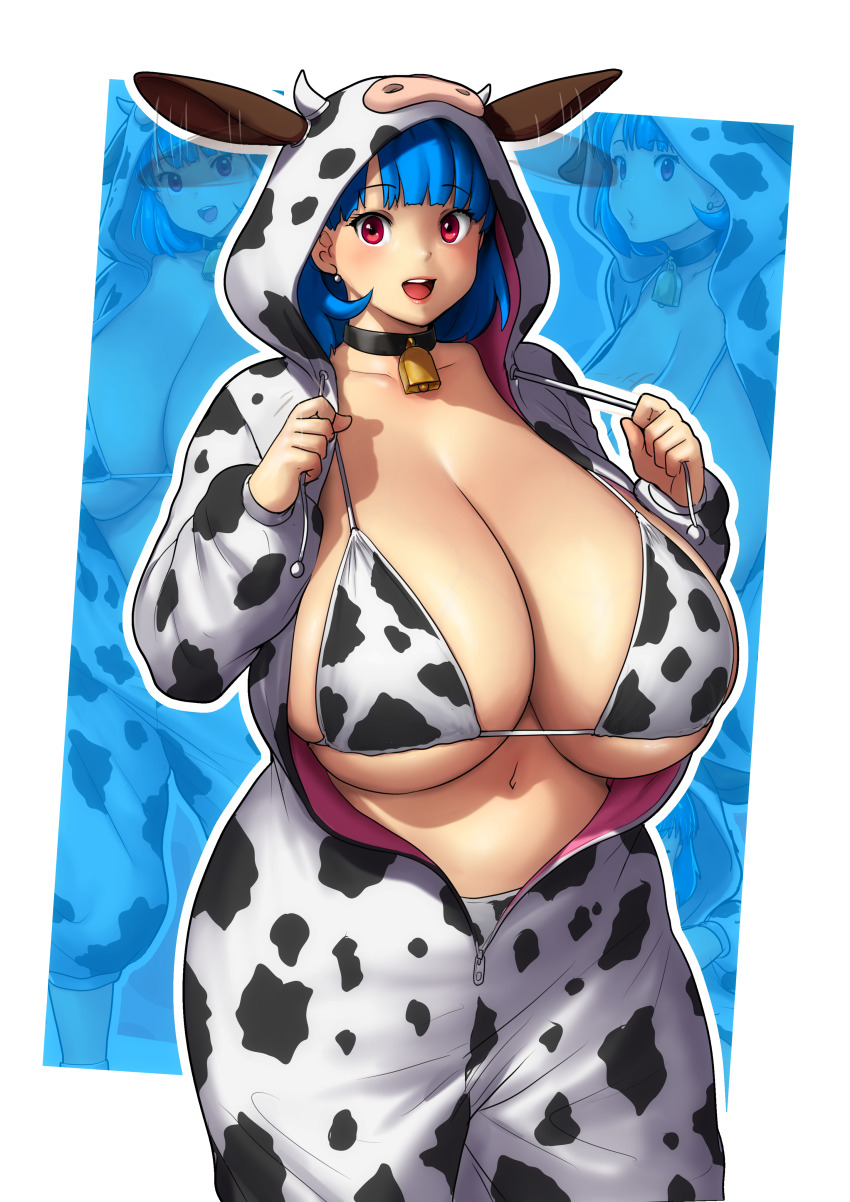 1girl absurdres animal_costume animal_ears animal_print bikini bikini_under_clothes blue_hair blush bodysuit breasts choker cleavage cow_costume cow_ears cow_horns cow_print cow_print_bikini cowbell curvy drawstring drawstring_pull earrings erkaz eyelashes female_focus happy high_heels highres horns huge_breasts jewelry multiple_views navel open_mouth original outline plump print_bikini red_eyes rina_atherina short_hair skindentation smile standing swimsuit veins veiny_breasts white_footwear white_outline wide_hips