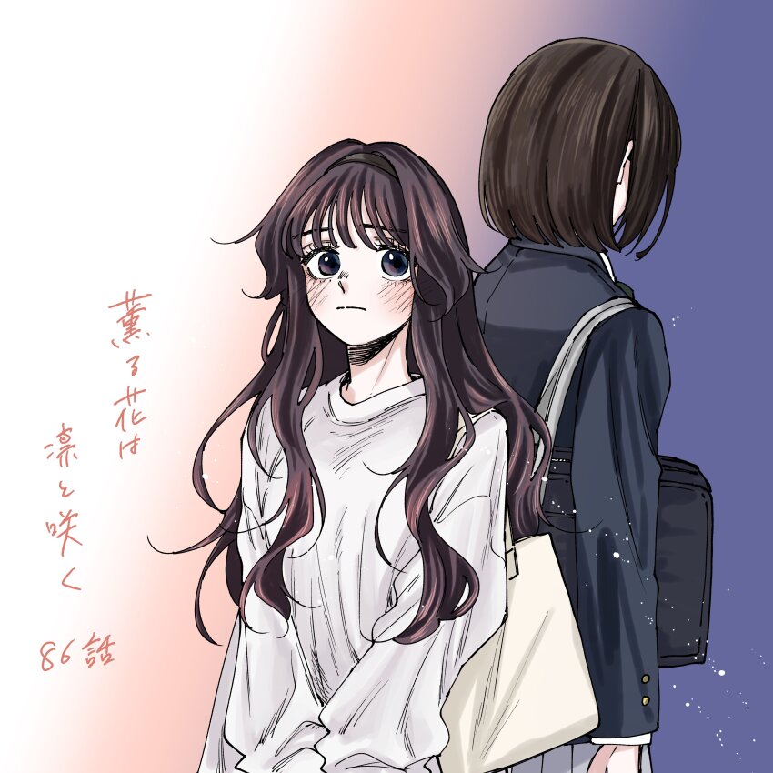 2girls absurdres back-to-back black_hair black_hairband black_jacket blue_eyes blunt_bangs blush brown_hair character_request closed_mouth hairband highres jacket kaoru_hana_wa_rin_to_saku long_hair long_sleeves looking_at_viewer mikami_saka multiple_girls official_art school_uniform shirt short_hair translation_request waguri_kaoruko white_shirt
